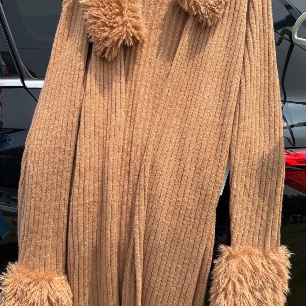 Tan Ribbed Knit Cardigan with Faux Fur Trim